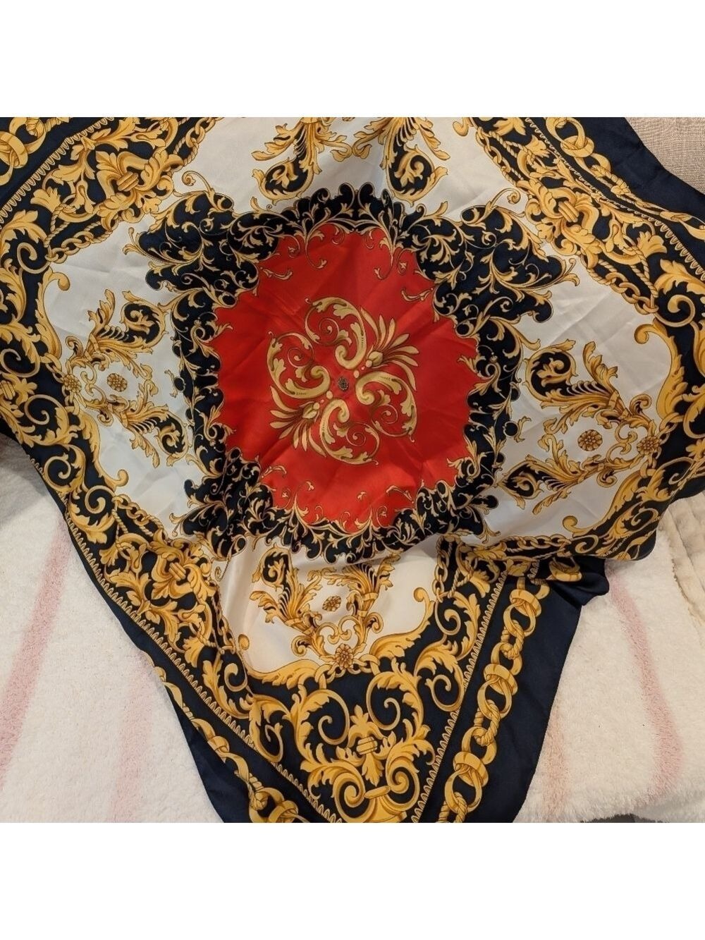 Vintage Italian Scarf Red Black Gold Cream Polyester 35 Inch - Picture 4 of 6
